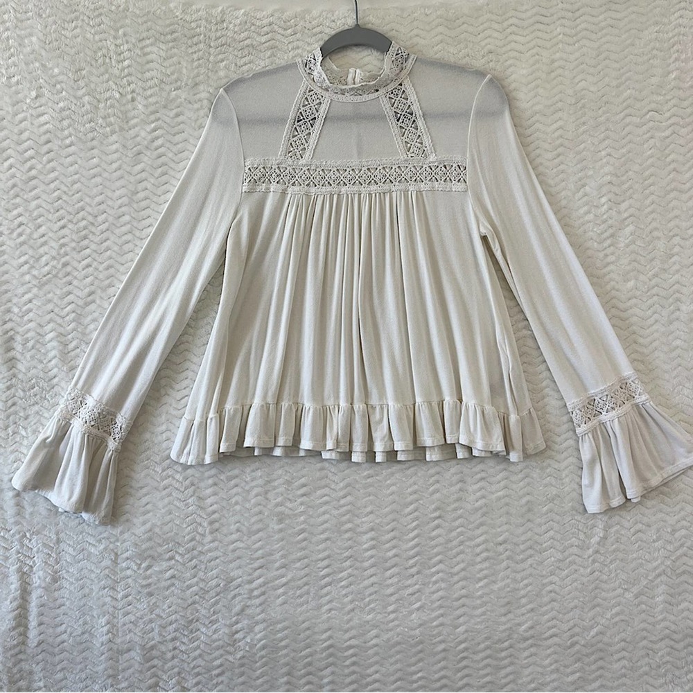 Anthropologie Cream Lace-Trim Long Sleeve Blouse